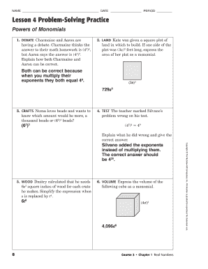Lesson 4 Homework Practice Powers of Monomials Answer Key  Form