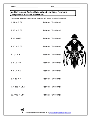 Operations with Rational and Irrational Numbers Worksheet PDF  Form