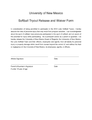 Softball Tryout Waiver Form