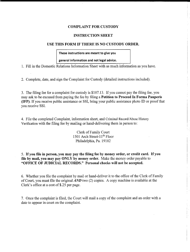  Complaint for Custody the Philadelphia Courts 2015-2024