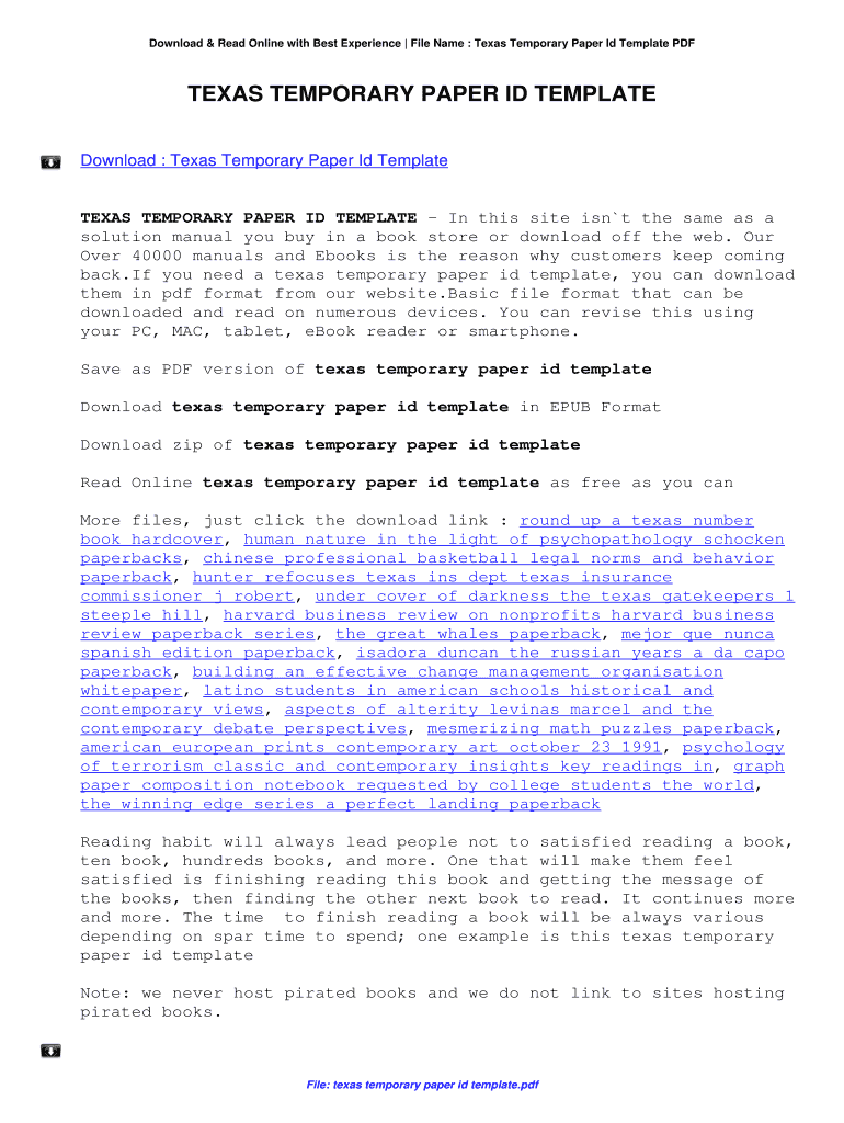 PDF Template for Paper ID Texas  Form