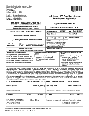HPP Pipefitter License Exam Application Exam Application for Pipefitters  Form