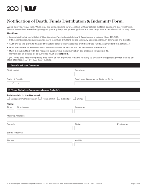 Westpac Notification of Death Funds Distribution Indemnity Form