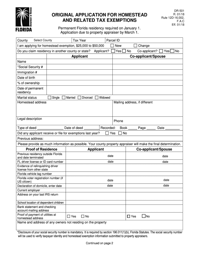  Hillsborough Homestead Exemption Application Dr 501  Form 2018-2024