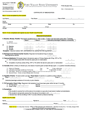 Certificate of Immunization Fort Valley State University  Form