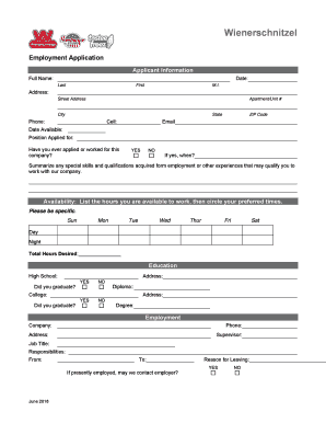 Wienerschnitzel Application  Form