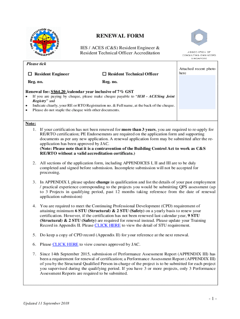  RENEWAL FORM IES ACES C&amp;S Resident Engineer &amp; 2018-2024