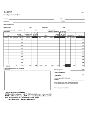  Travel Expense Itemization Sheet  TAMS Forms  Tulane University 2017