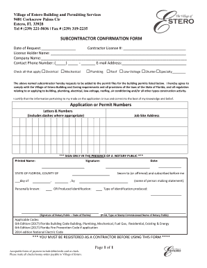 SUBCONTRACTOR CONFIRMATION FORM Application or Permit