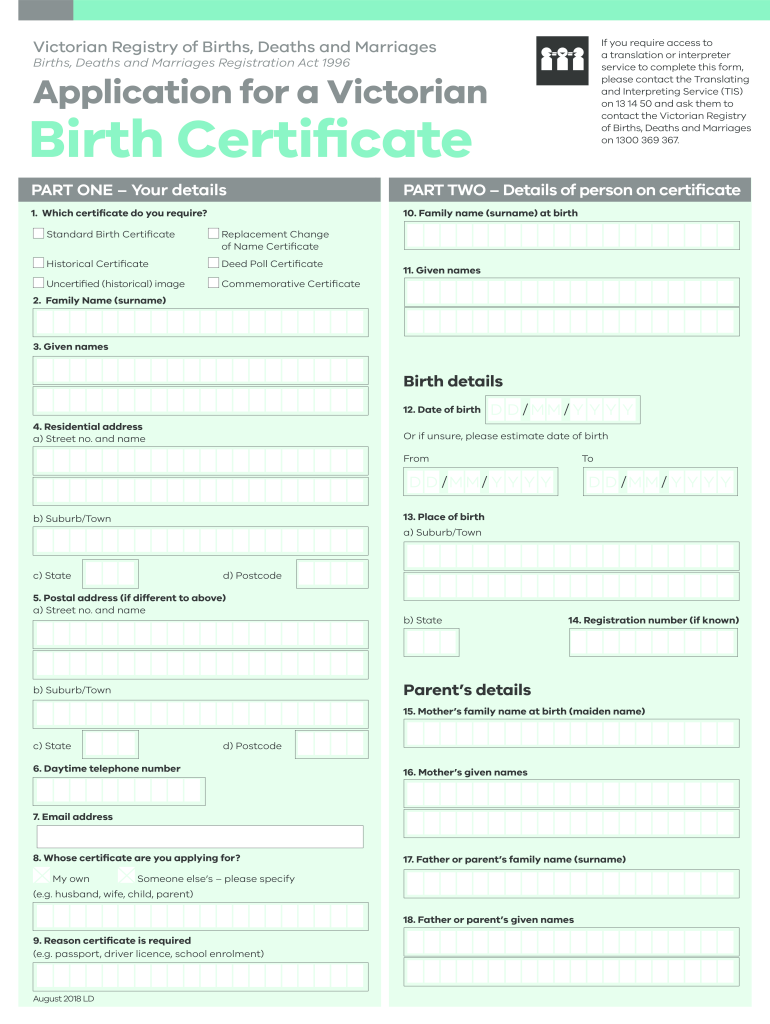  Vic Birth Certificate Application 2018-2024