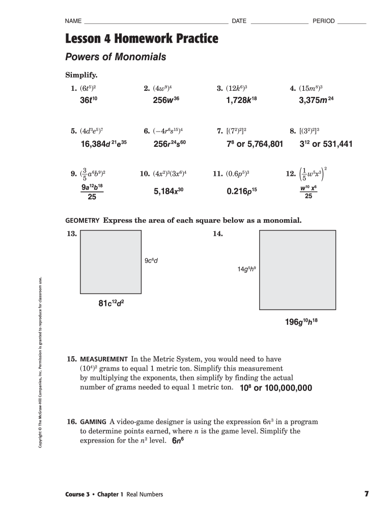 Lesson 4 Homework Practice Powers of Monomials  Form