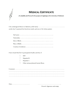 Medical Certificate for University  Form