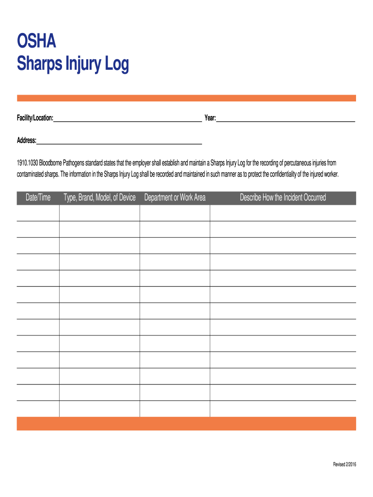Osha Sharps Injury Log Template  Form