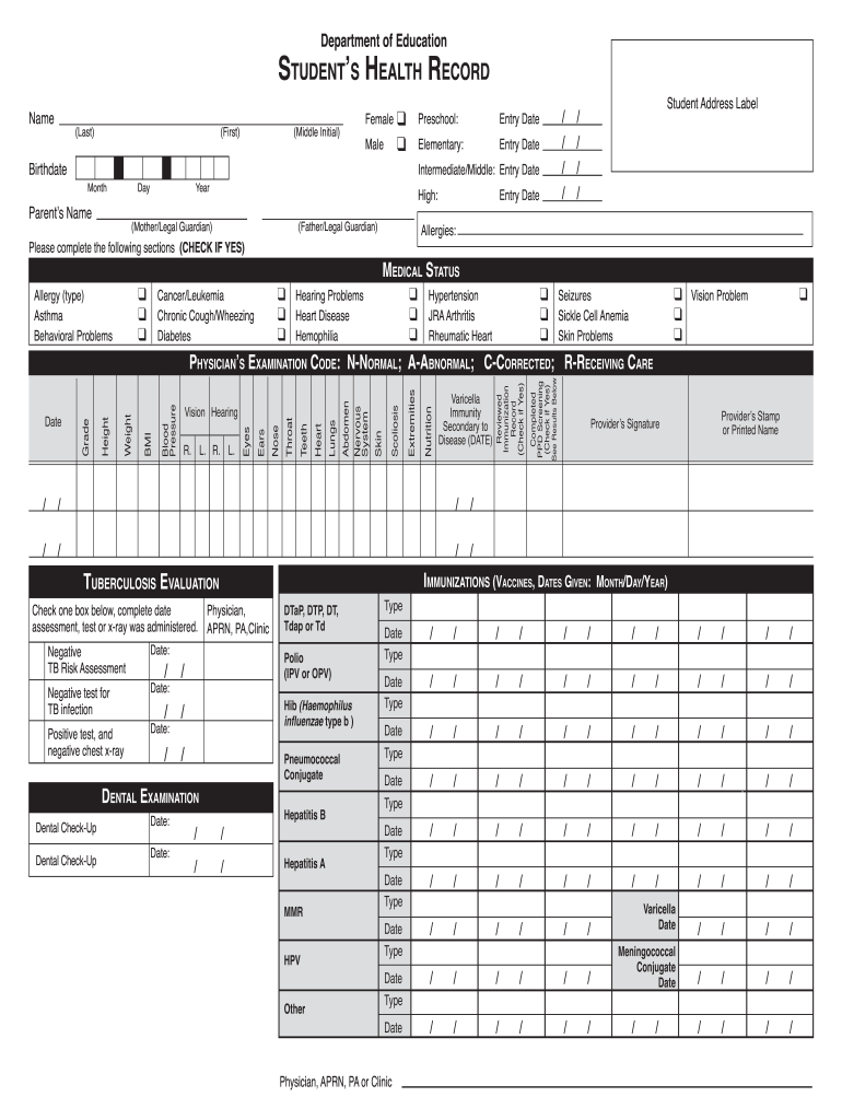  Student Health Record Form 14 2018-2024