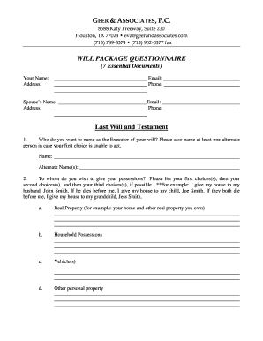  WILL PACKAGE QUESTIONNAIRE Last Will and Testament 2016