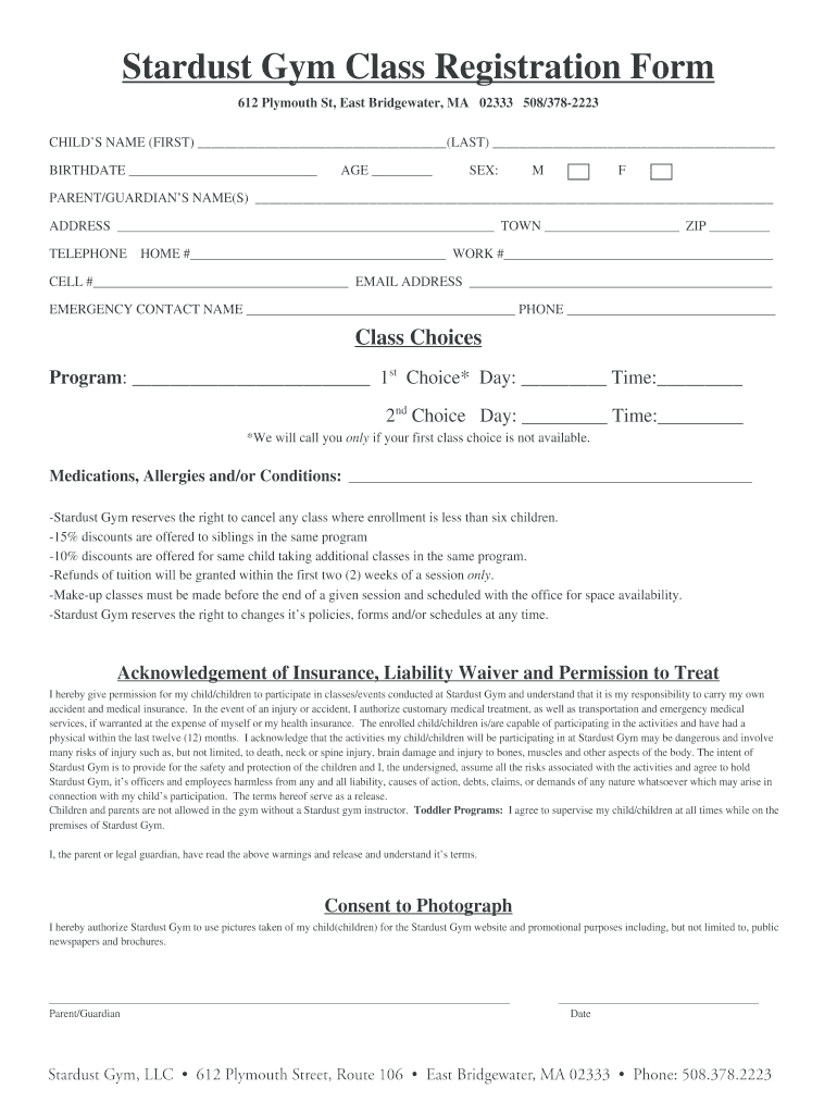 Stardust Gym Class Registration Form