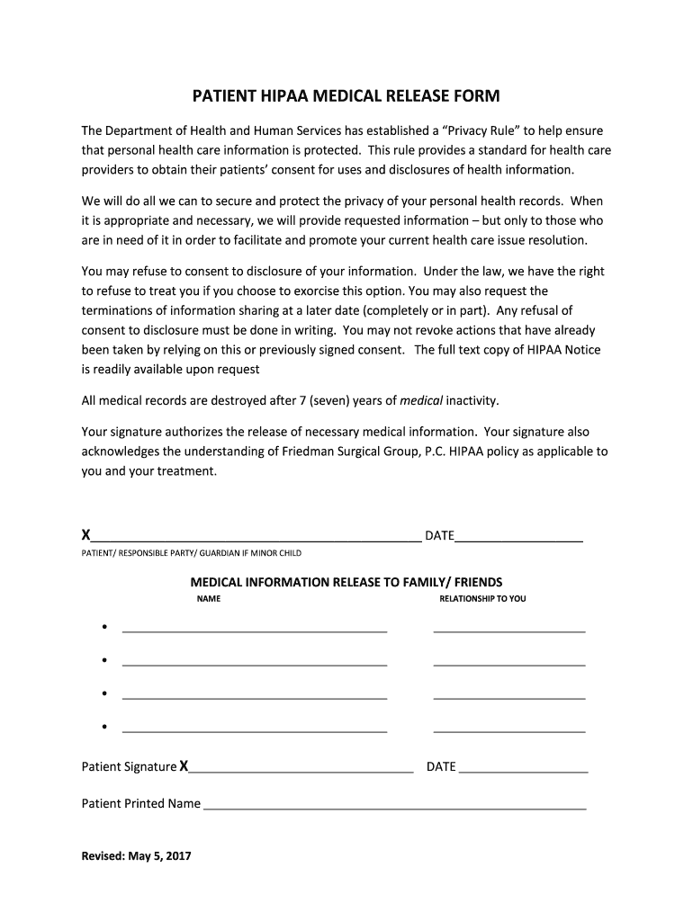 Patient HIPAA Medical Release Form Friedman Surgical Group
