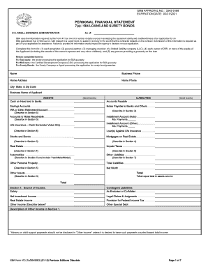 Personal Financial Statement 7 a 504 Loans and Surety Bonds  Form