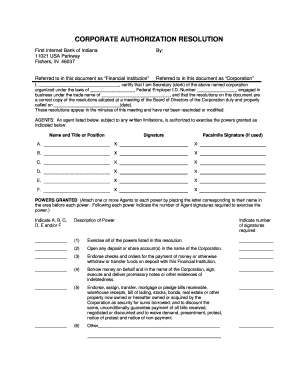 Corporate Authorization Resolution FirstIB  Form