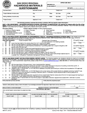  San Diego Regional Hazardous Materials Questionnaire  Form 2017