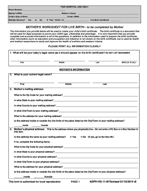MOTHERS WORKSHEET for LIVE BIRTH to Be Completed by  Form