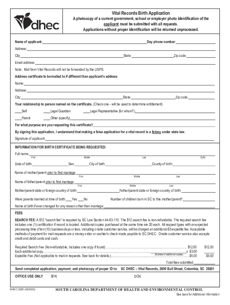 Vital Records Birth Application  Form