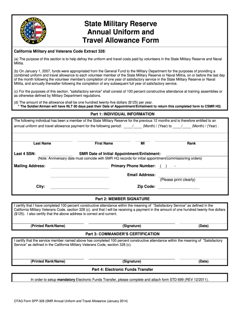 OTAG Form SPP 328 Blank CSMR Uniform Travel Allowance Form