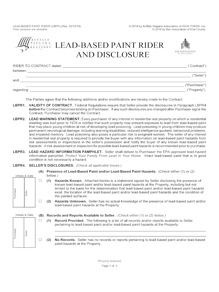 Lead Based Paint Rider and Disclosure Bar Association of Erie  Form