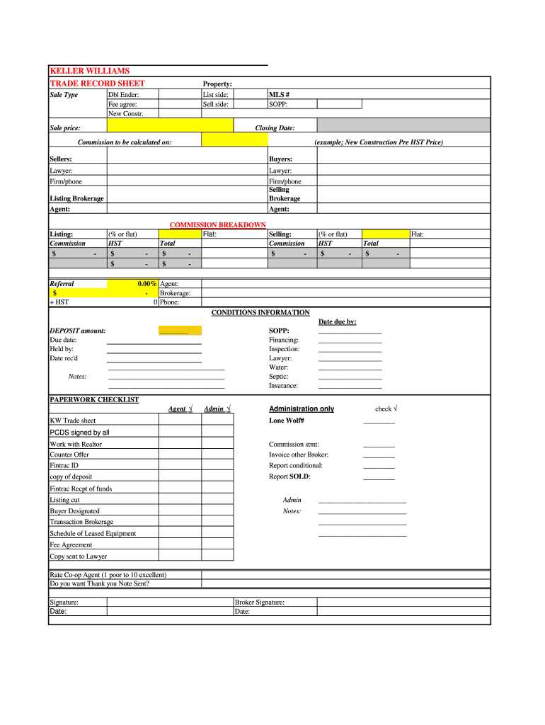 Trade Record Sheet Real Estate  Form