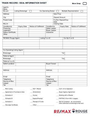 TRADE RECORD DEAL INFORMATION SHEET