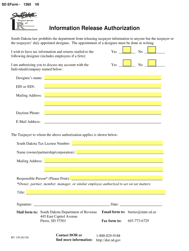  South Dakota Authorization to Use or Disclose Health Inforamtion 2018