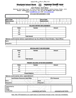 ATM CASH REPLENISHMENT FORM Shahjalal Islami Bank