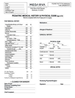 Pediatric History and Physical Template  Form