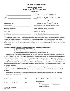 Driver Training Student Contract Deerfield Windsor School  Form