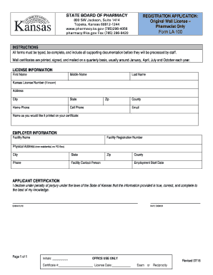 Kansas Board Pharmacy License  Form