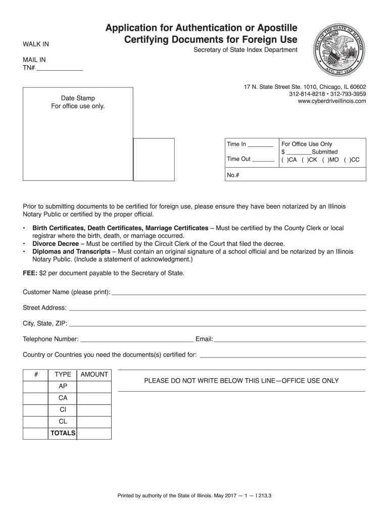  Illinois Application for Authentication or Apostille Certifying Documents for Foreign Use 2009