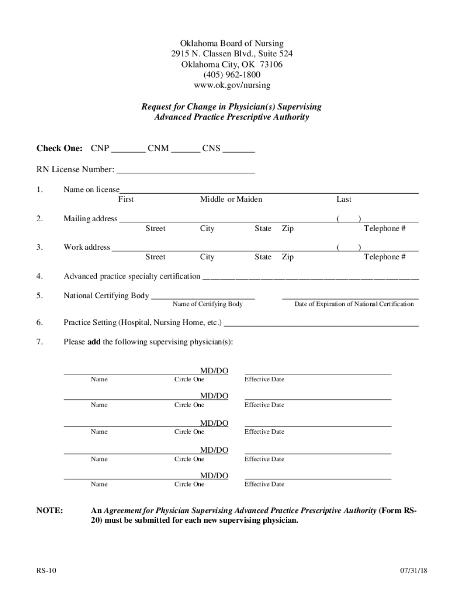  Oklahoma Board of Nursing Request for Change in Physicians Supervising Advanced Practice Prescriptive Authority for the CNP, CNM 2018-2024