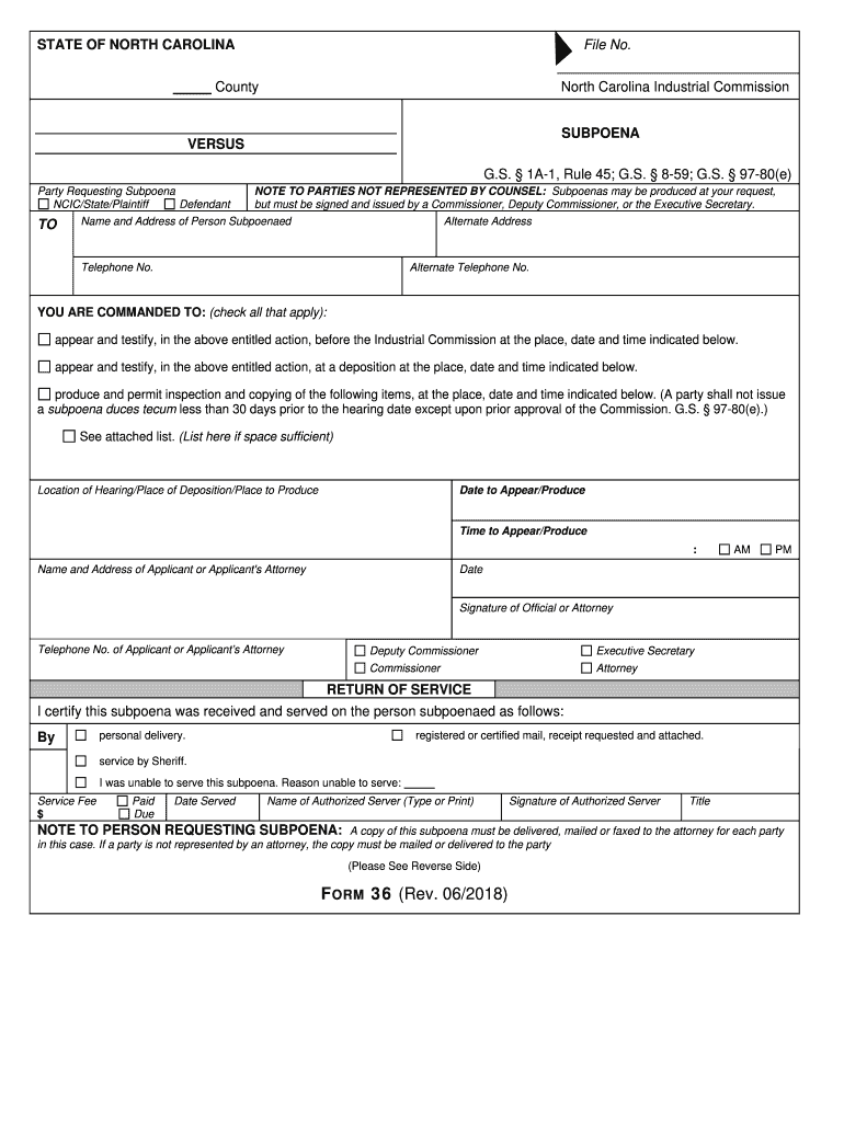  North Carolina Form Subpoena Fill 2018-2024