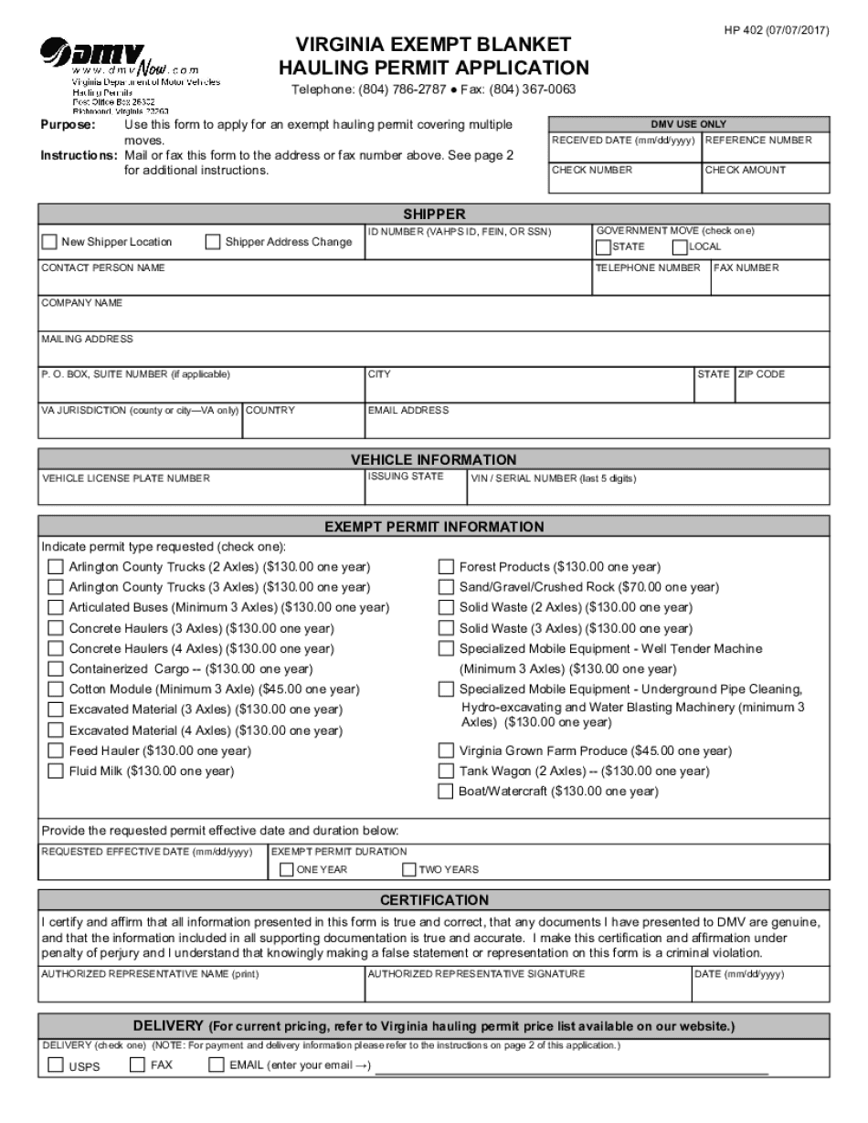Exempt Blanket Hauling Permit Application Virginia DMV  Form