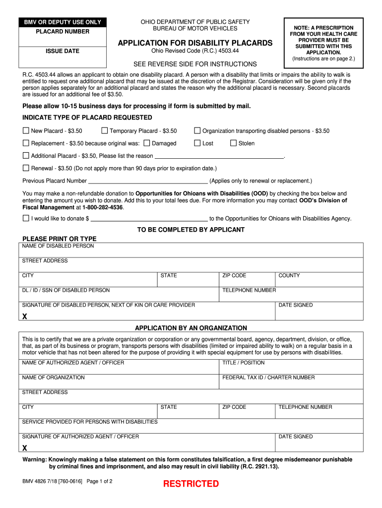 Ohio Bmv Handicap Placard 20182024 Form Fill Out and Sign Printable