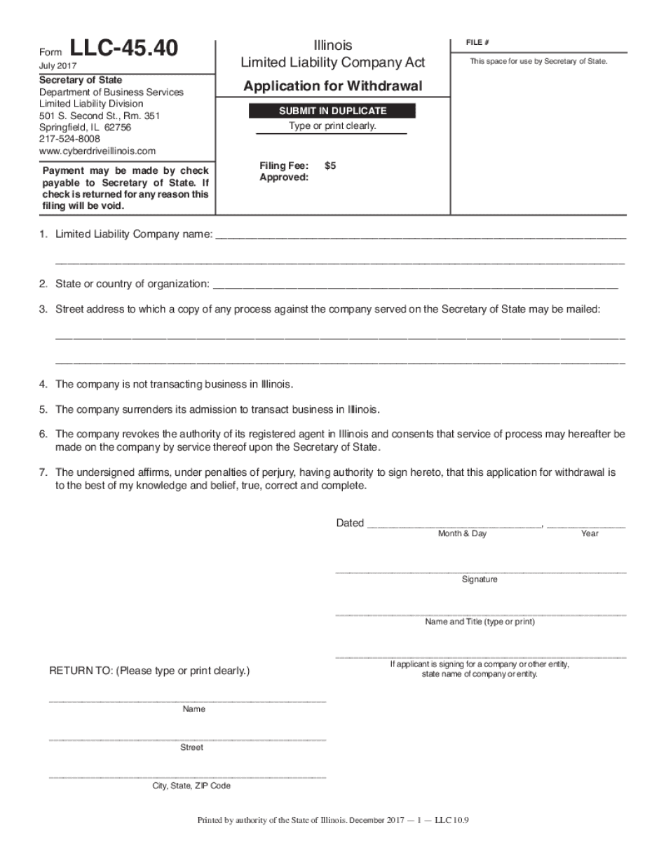 Illinois LLC Act Application for Withdrawal  Form