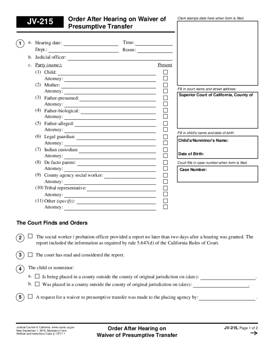  JV 215 Order After Hearing on Waiver of Presumptive Transfer Judicial Council Forms 2018-2024