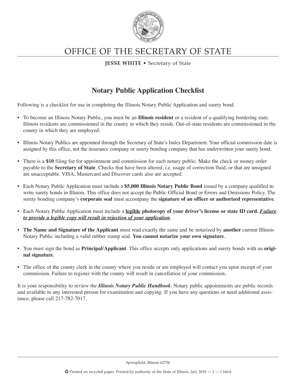Illinois Notary Public Application Checklist  Form