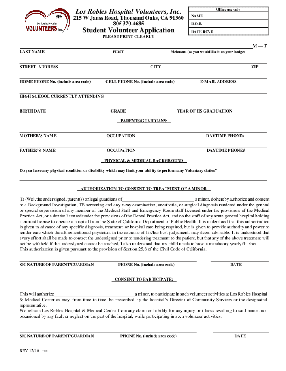 Volunteer Student Application Los Robles Hospital  Form