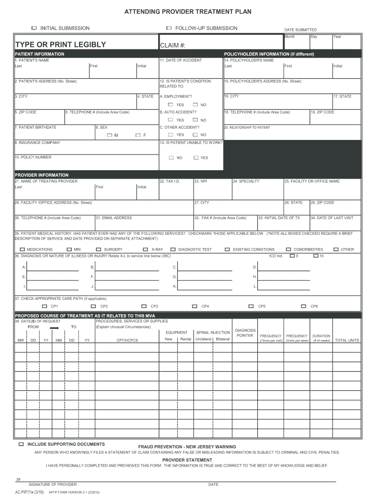 Provider Treatment Attending Plan  Form