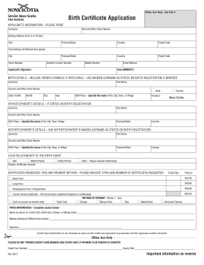 Nova Scotia Birth Certificate Application PDF  Form
