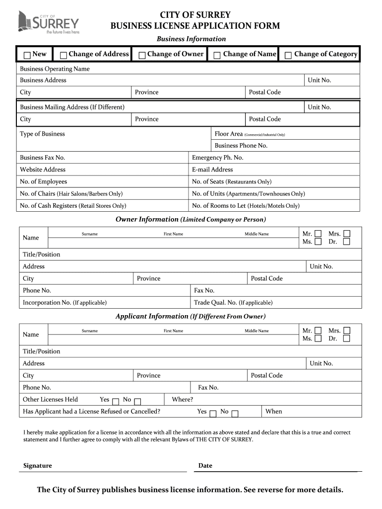 City of Surrey Business License Application City of Surrey Business License Application  Form