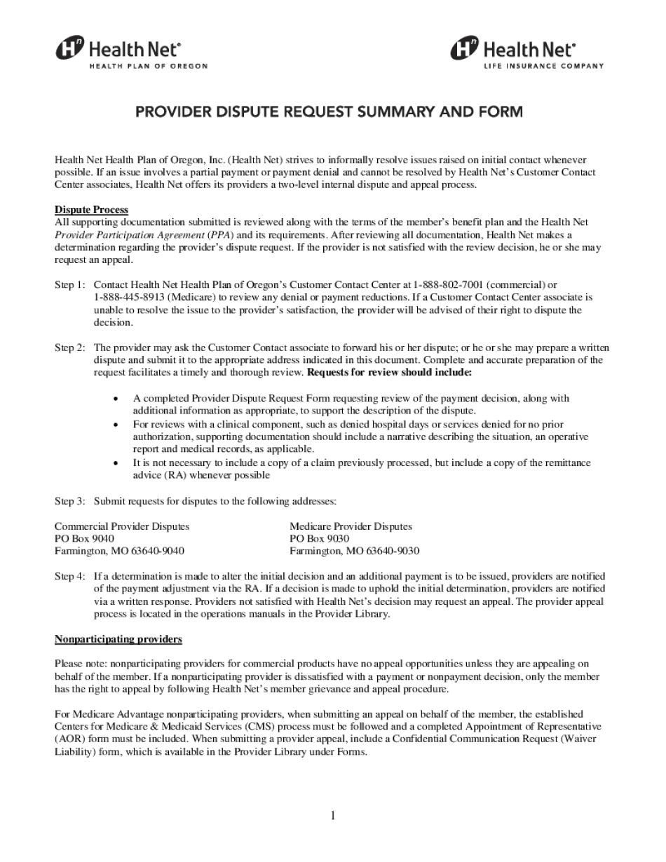  INDIVIDUAL FAMILY PLAN IFP PROVIDER DISPUTE Health Net 2017-2024