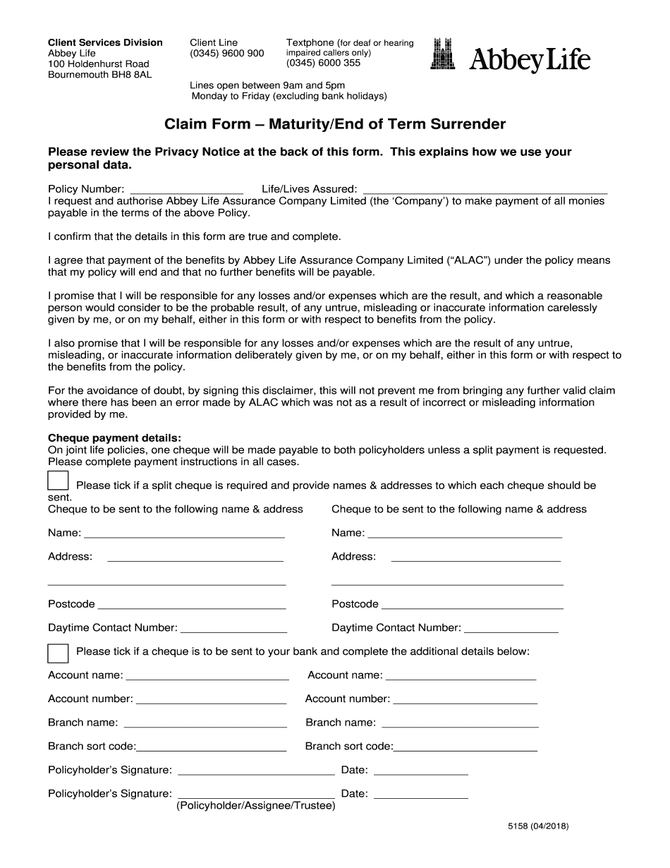  5158 Claim Form Maturity End of Term Surrender May DOC 2018-2024