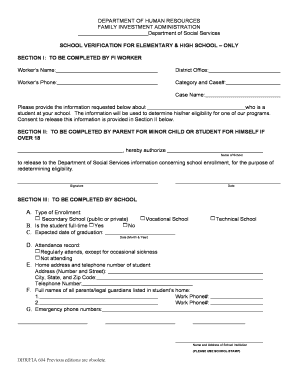 SCHOOL VERIFICATION for ELEMENTARY &amp; HIGH SCHOOL ONLY  Form